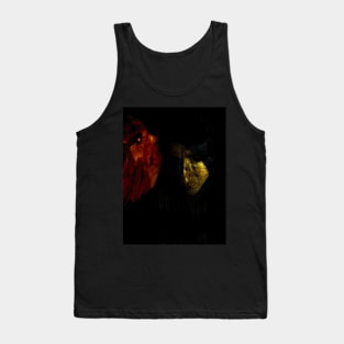 Portrait, collage, special processing. Man, dark costume, long hair, looking down. On left demon of gold. Gold and orange. Tank Top